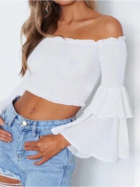 Steph Audino Boutique Xs White Off-Shoulder Smocked Crop Top Tiered Bell Sleeves